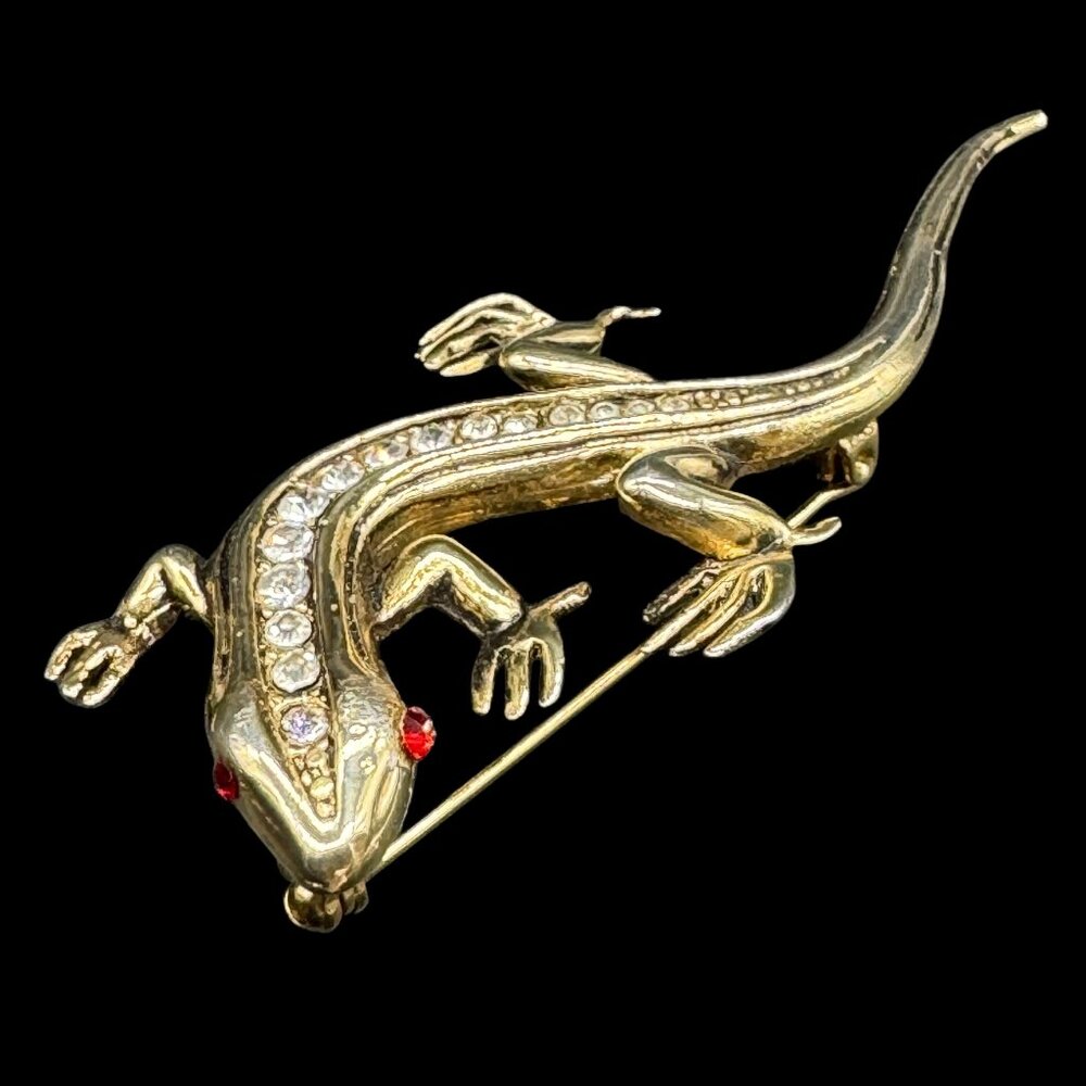 Vintage Gold Tone Brooch Pin Lizard Red stones Eyes and Clear Stones Spine READ